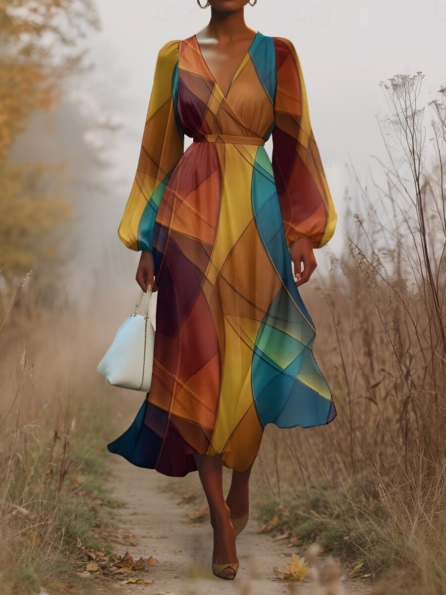 Damen Midikleid Freizeitkleid Chiffon Schwingkleid Modern Urlaub Täglich Wochenende Normale Passform Geometrisch Farbverläufe Langarm V Ausschnitt Schwarz Gelb Königsblau Blau Sommer Frühling Herbst 2025 - $31.99 –P9