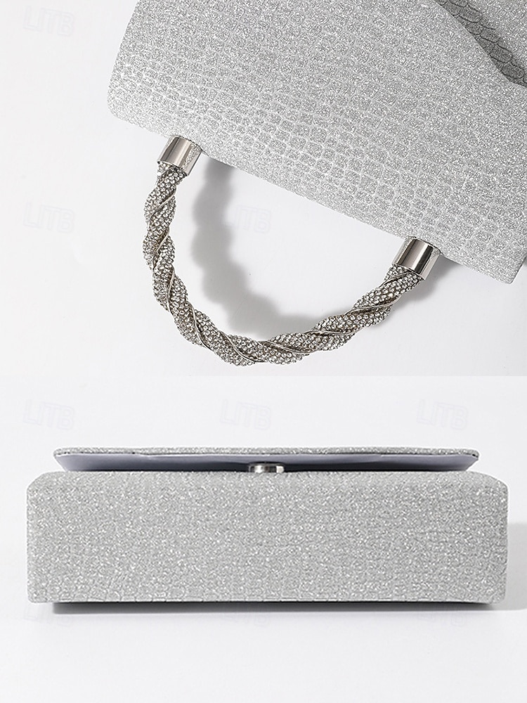 Bolso de mano para mujer con purpurina plateada y asa de diamantes de imitación: elegante bolso de noche para fiestas, bodas y cócteles. 2025 - $24.99 –P8