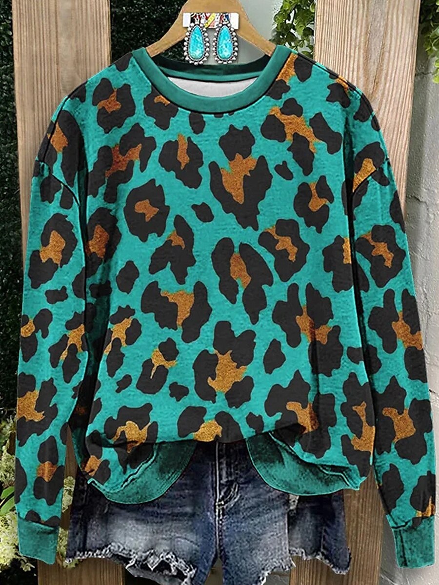 Dame Gensere Grafisk Leopard Fritid Langermet Crew-hals Vanlige topper Gate Hverdag Trykt mønster Svart Blå Grønn Høst Vinter 2025 - $24.99 –P3