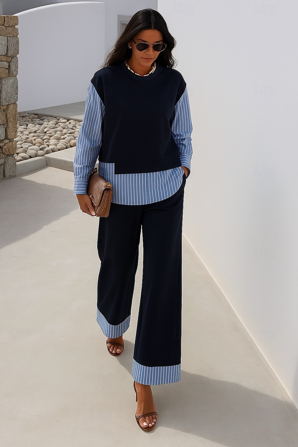 Femmes Élégant ancien Quotidien Ensembles de Pantalons manche longue Col rond Rayé Patchwork Vacances Travail Occasionnel Bleu Printemps Coupe Ample de 2025 ? $52.99 –P1
