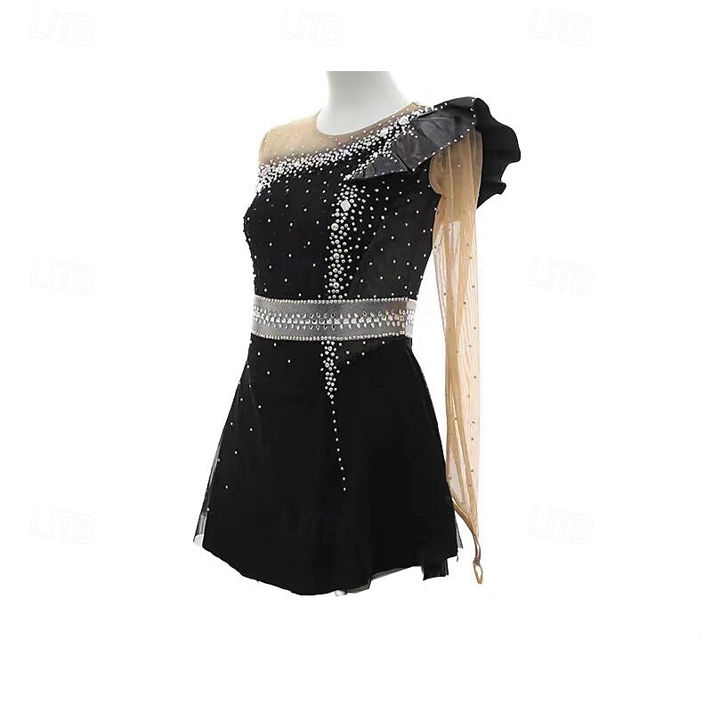 Eiskunstlaufkleid Damen Mädchen Eislaufen Kleid Schwarz Patchwork Daumenloch Netzstoff Spandex Dehnbar Training Übung Professionell Eiskunstlaufkleidung Thermowarm Kristall / Strass Langarm Eislaufen 2025 - $204.39 –P3