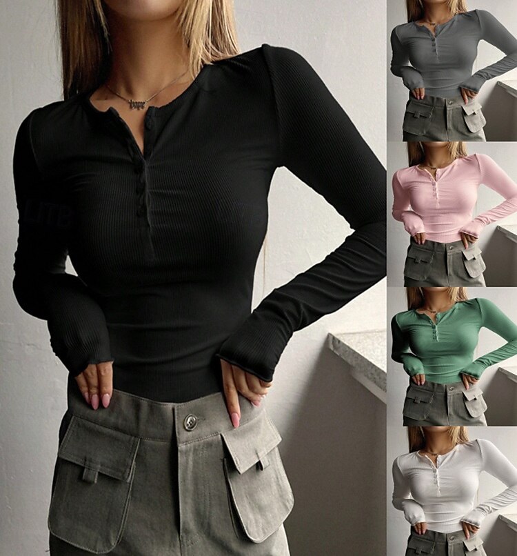 Damen Bluse Einfarbig Stilvoll Basic Lässig Langarm Rundhalsausschnitt Normale Oberteile Täglich Knöpfe Schwarz Weiß Rosa Grün Grau Sommer Frühling Herbst 2025 - $19.99 –P1