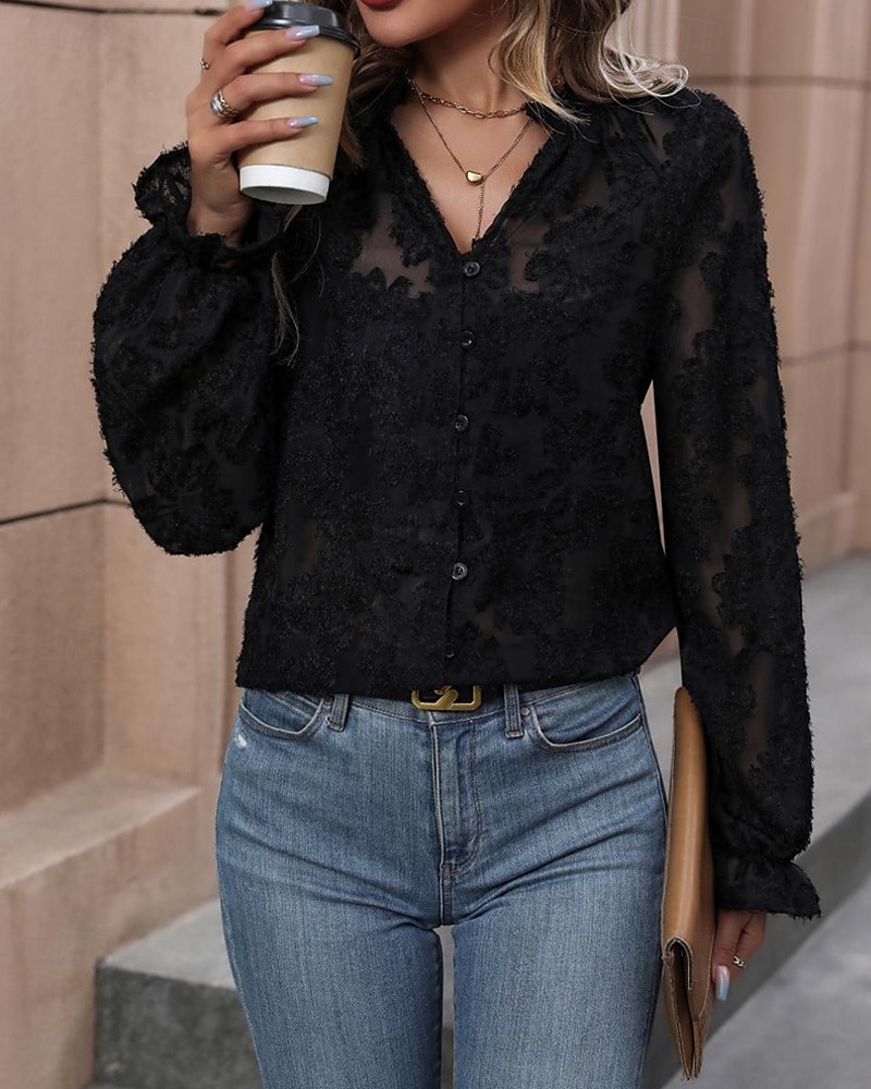 Per donna Camicia Semplice Elegante Moderno Manica Lunga Scollo a V Top Regolari Quotidiano Ferie Rete Nero Primavera Autunno del 2025 a $24.99 –P4