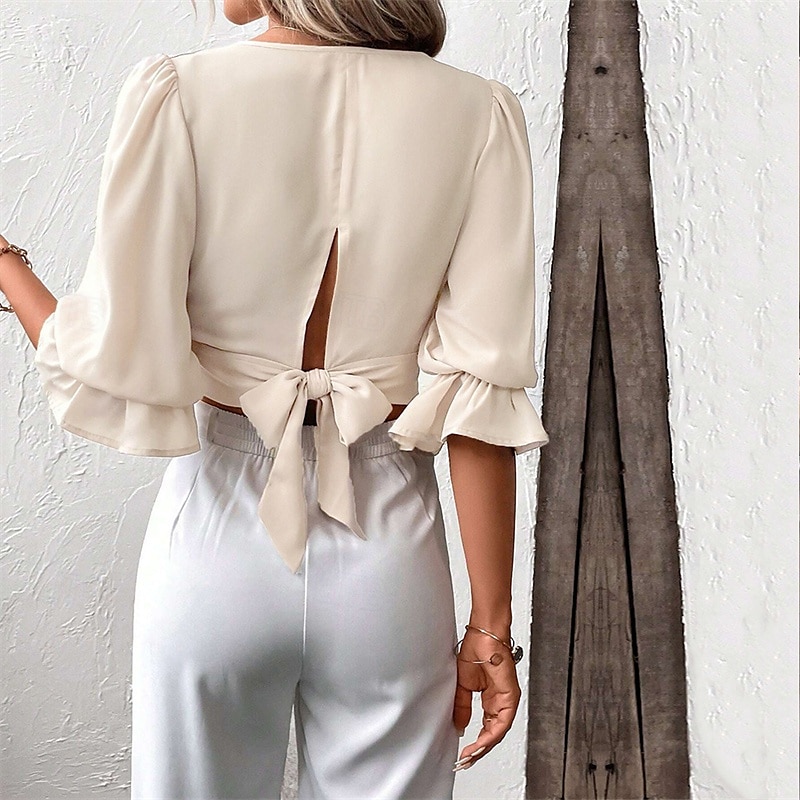 Női Nyári felsők Wrap Crop Top Sima Napi Stílusos Alap Hosszú ujj Lámpás hüvely V-alakú Crop Tops Munka Napi Szabadság Tunika Fekete Sárgabarack Tavasz Ősz 2025 - $25.99 –P4