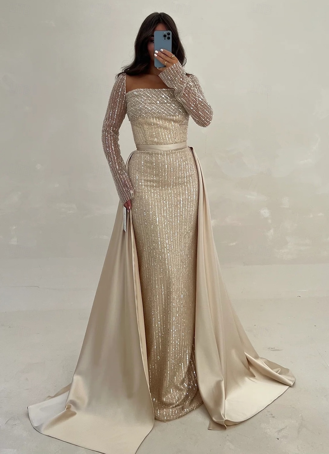 Paljett A-linje aftenkjole elegant kjole formell bryllupsgjest gulvlang langermet hals champagnefarget kjole til brudens mor sateng med glitterspalte 2025 2025 - $159.99 –P4