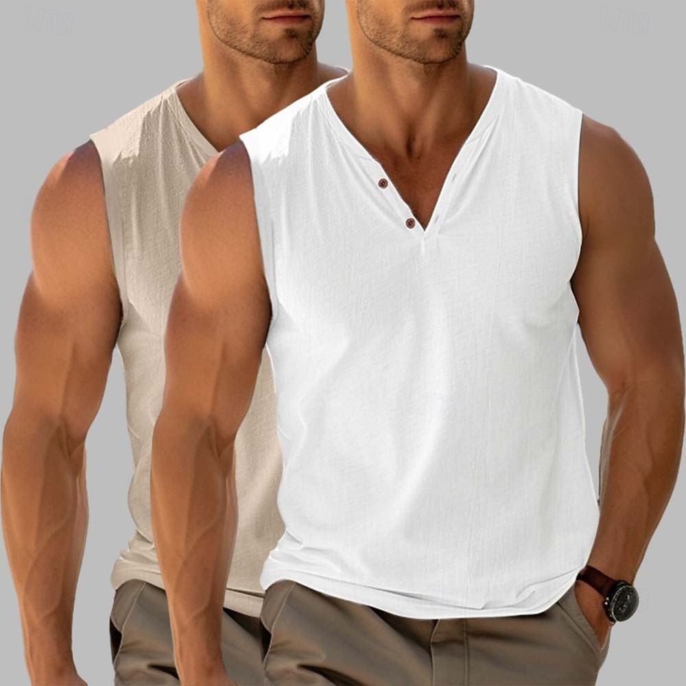 Férfi Henley ing Tee Top Ujjatlan Rövid ujjú V-alakú Nyár Sima Divat Dizájn Alap 2 db Vakáció Utca Hétköznapi Fekete + Fekete Fehér + khaki Fekete+ Khaki Férfi felső póló 2025 - $23.99 –P4