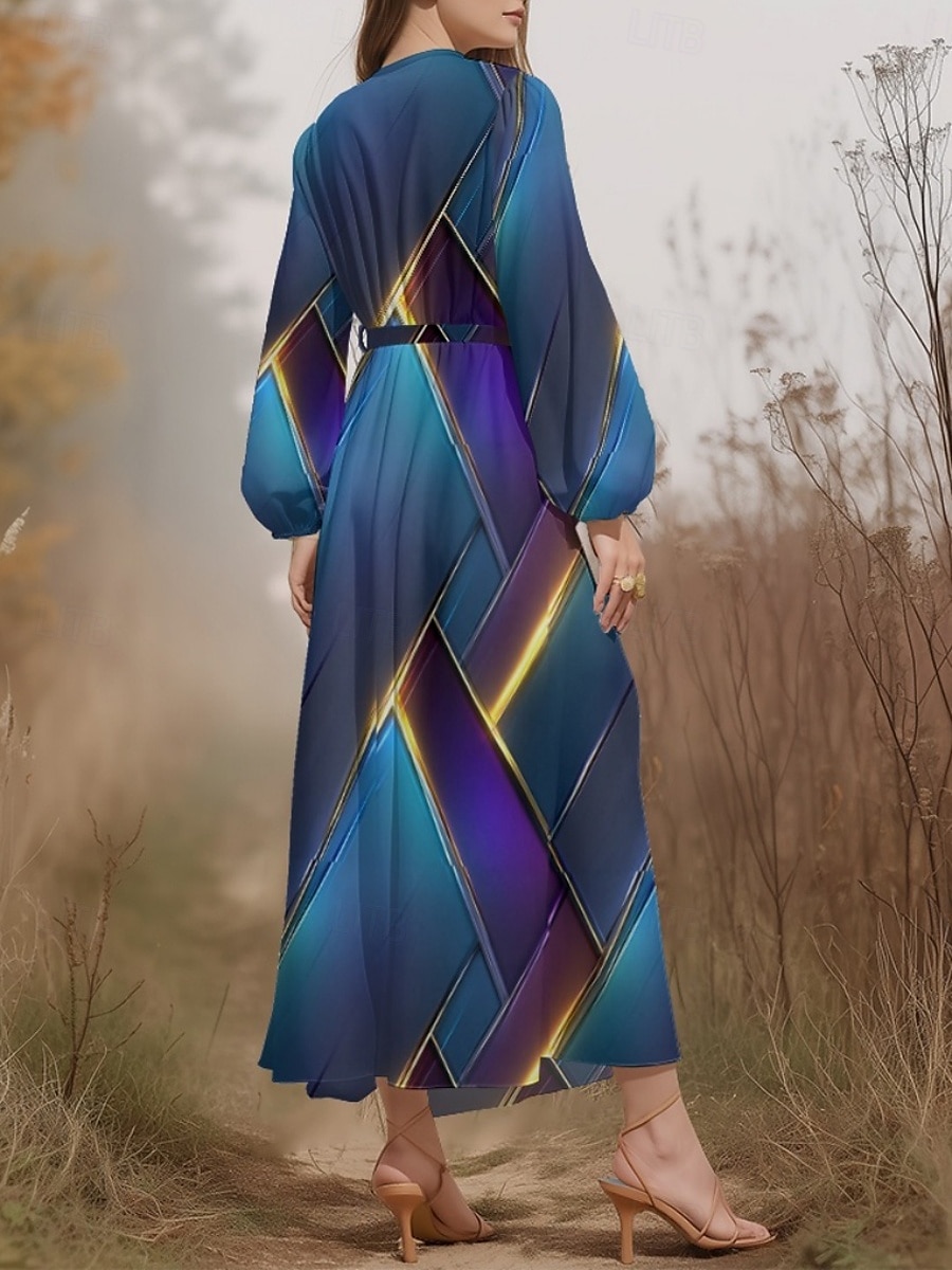 Damen Midikleid Freizeitkleid Chiffon Schwingkleid Modern Urlaub Täglich Wochenende Normale Passform Geometrisch Langarm V Ausschnitt Blau Dunkelgrün Purpur Grün Sommer Frühling Herbst 2025 - $31.99 –P14