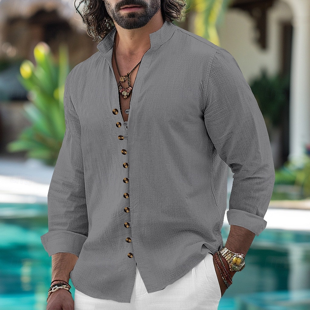Per uomo Camicia Camicia di lino Camicia Estiva Camicia casual Camicia con Bottoni Semplice Vacanza Crociera Nero Bianco Rosa Azzurro cielo Manica Lunga Colletto alla coreana Primavera & Autunno del 2025 a $23.99 –P8