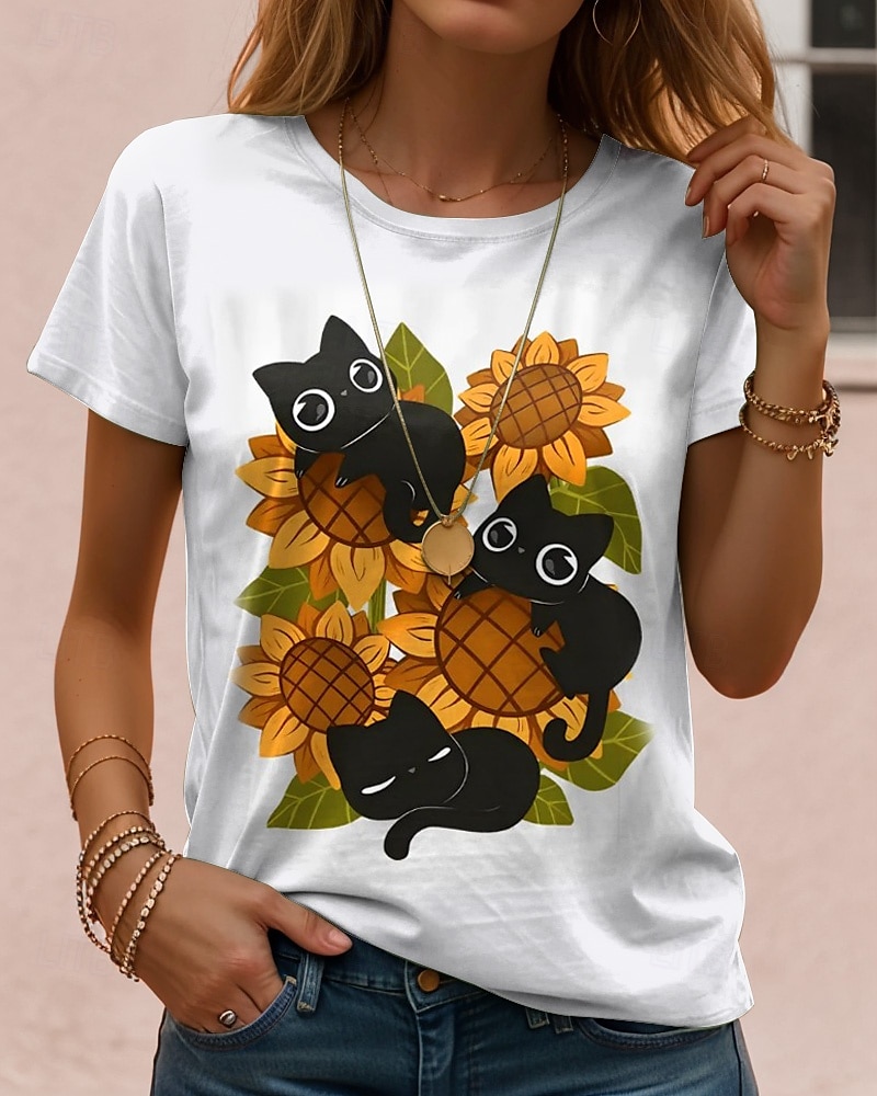 Femmes T-shirt Chemise en coton Graphique Chat ancien Élégant Classique Manche Courte Col ras du cou Col rond Hauts Réguliers Quotidien Imprimé Noir Blanche Bleu Gris Été Printemps de 2025 ? $19.99 –P1