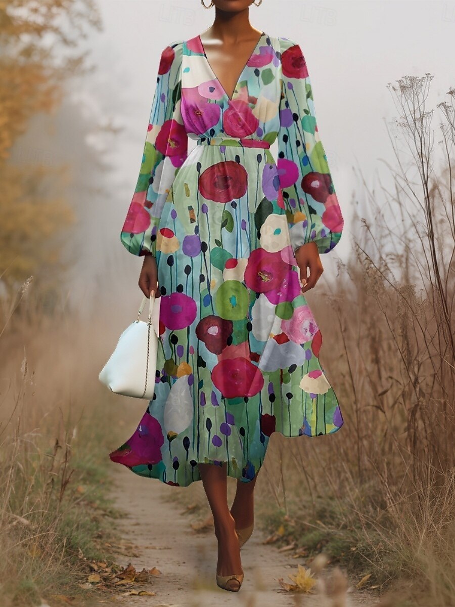 Damen Midikleid Freizeitkleid Chiffon Schwingkleid Modern Urlaub Täglich Wochenende Normale Passform Blumen Langarm V Ausschnitt Hellgrün Marineblau Dunkelgrün Grün Sommer Frühling Herbst 2025 - $31.99 –P10