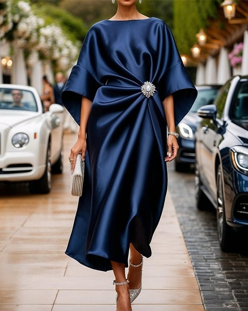 Femmes Robe Midi Robe en Satin Robe Semi-Formelle Élégant Mode Moderne Quotidien Date Week-end Coupe régulière Uni Demi Manches Col ras du cou Rose Claire Vin bleu marine Vert Printemps Automne de 2025 ? $28.99 –P2