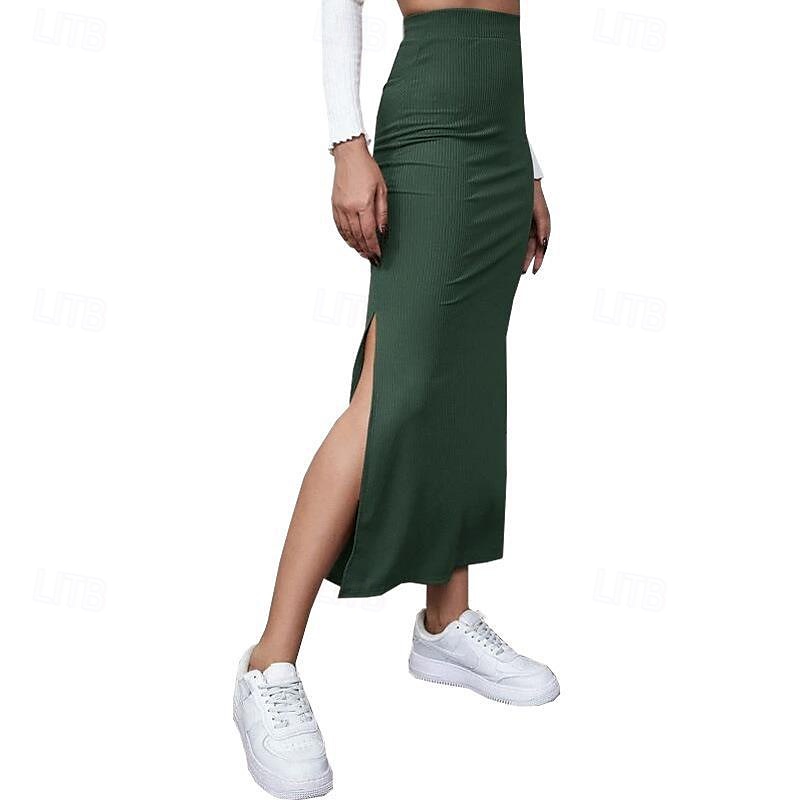 Dames Rok Casual Maxi Medium taille Rokken Effen Gespleten punten Micro-elastisch Vakantie Straat Zwart Rood Licht Bruin Bruin Zomer Polyester 2025 - $17.99 –P15
