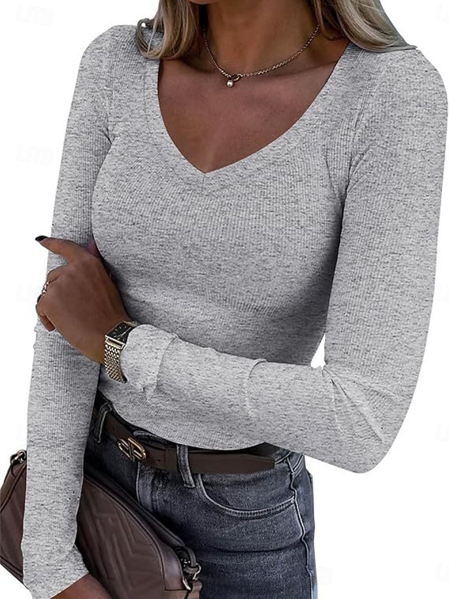 Femmes Chemisier Couleur Unie Élégant Basique Occasionnel manche longue Col en V Hauts Réguliers Quotidien Noir Blanche Rouge Bleu Fuchsia Été Printemps de 2025 ? $11.49 –P4
