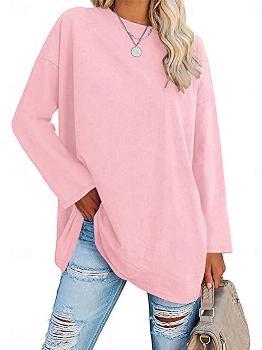 Camicia da donna in 100% cotone blouse colore solido stilosa casual maniche lunghe colletto rotondo regolari top quotidiano nero bianco giallo rosa primavera autunno pre-autunno del 2026 a $24.99 –P1