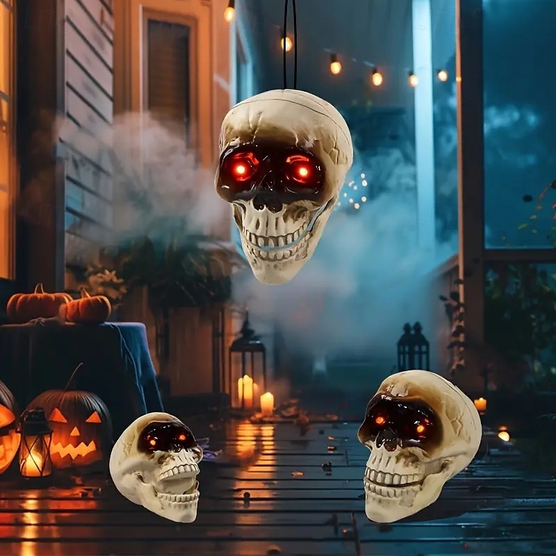 2025年 ハロウィーンの電動スカルヘッド。サウンドコントロールセンサーが光り、怖い口が開いていて、いたずらや飾りとして吊り下げられます。  コレクション – $18.99 –P2