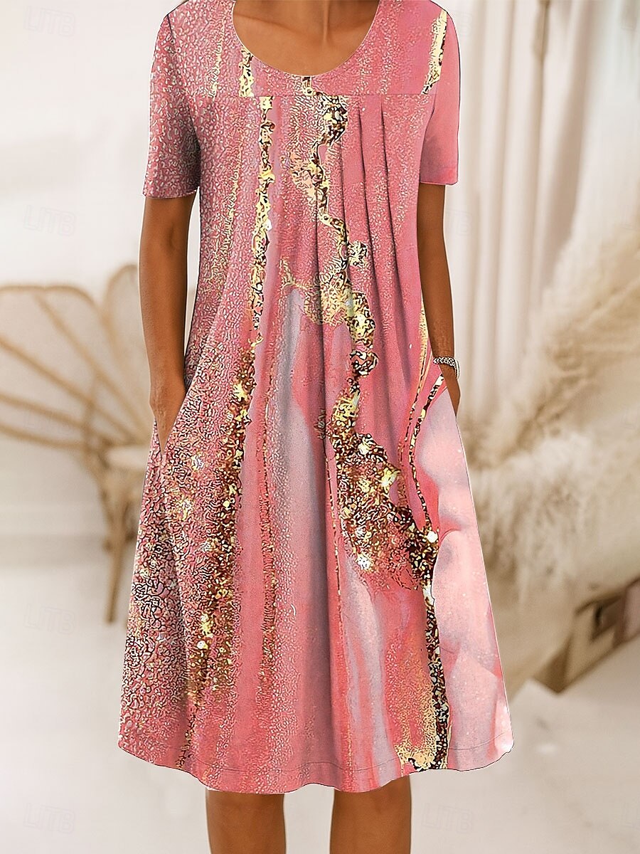 Damen Midikleid Shiftkleid A Linie Kleid Sommerkleid Elegant Urlaub Lässig Normale Passform Grafik Marmor Kurzarm Rundhalsausschnitt Rosa Blau Grün Sommer Frühling 2025 - $30.99 –P1