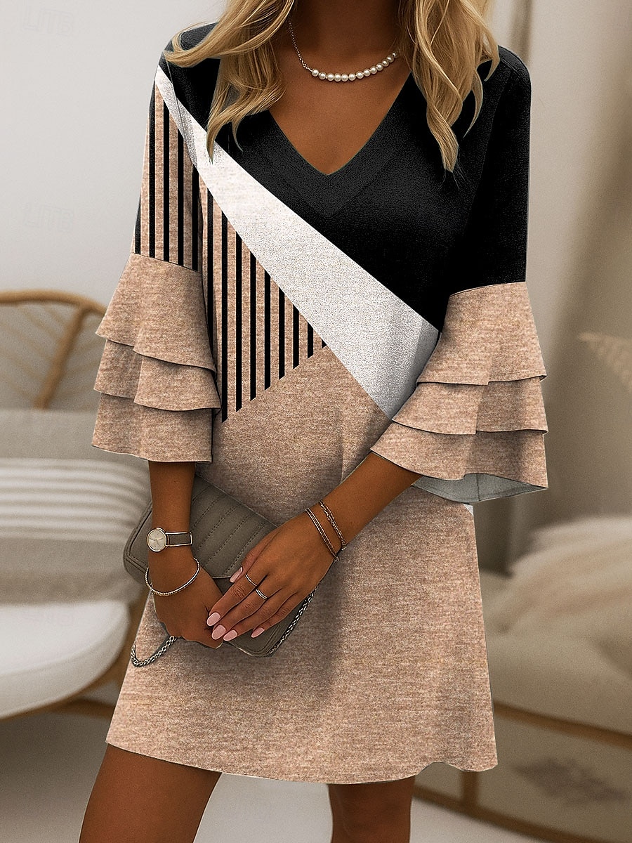 Damen Minikleid Sommerkleid A Linie Kleid Stilvoll Lässig Party Normale Passform Grafik Geometrisch Abstrakt Dreiviertelarm V Ausschnitt Blau Purpur Grün Khaki Sommer Frühling 2025 - $46.99 –P4