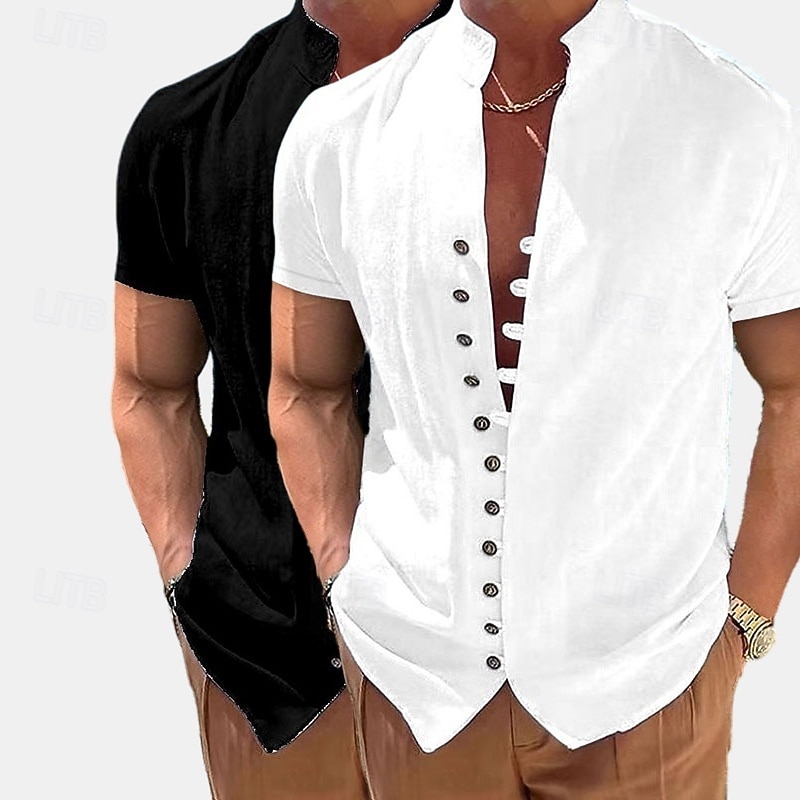 Homme Chemise en lin Chemise d'été Tenue de plage Chemise Boutonnée Uni Vacances Croisière Blanc + kaki Kaki + Noir Vert + Kaki Noir + blanc Manche Courte Col montant Été Printemps & Été Vêtement de 2026 ? $29.99 –P12