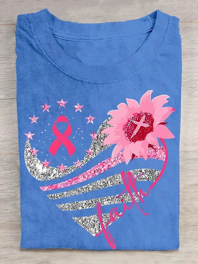 Pakiet raka piersi w październiku nosimy różową damską koszulkę z grafiką roślinną, stylową, klasyczną, z krótkim rękawem, okrągłym dekoltem, regularną, codzienną, weekendową 2025 - $21.99 –P5