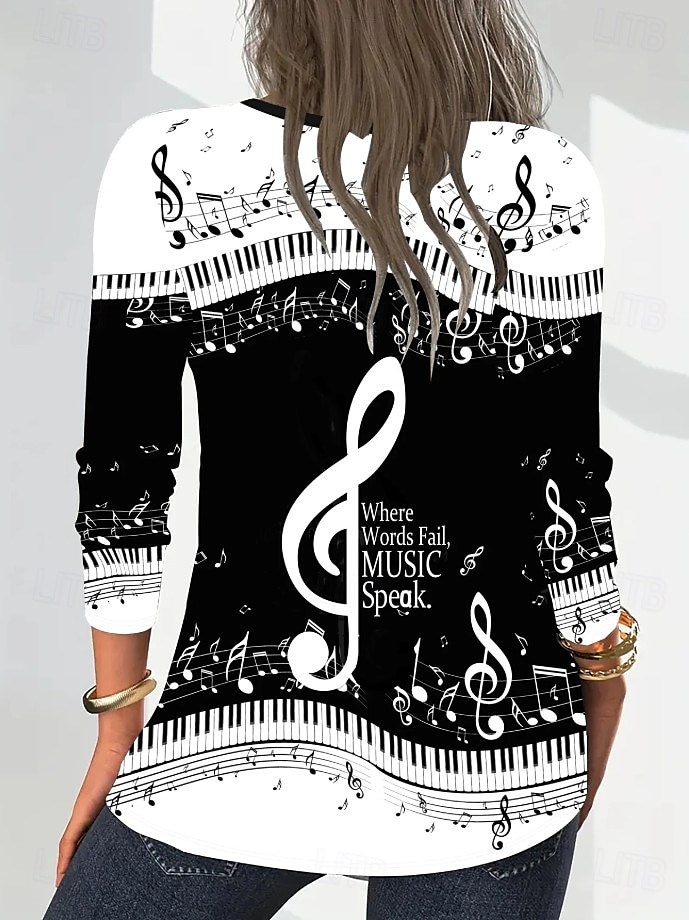 Festival de musique Femmes T-shirt Graphique Musique ancien Élégant Classique manche longue Col en V Hauts Réguliers Quotidien Sortir Week-end Imprimé Noir et blanc Noir Blanche Printemps Automne de 2025 ? $22.99 –P2