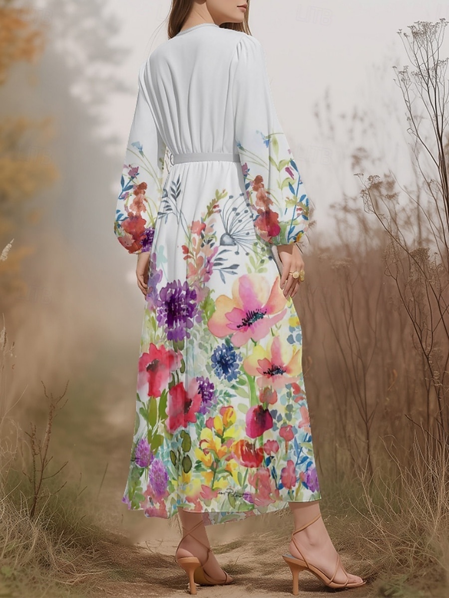 Femmes Robe Midi Robe Décontractée Mousseline de Soie Robe évasée Moderne Vacances Quotidien Week-end Coupe régulière Fleuri manche longue Col en V Blanche Bleu Bleu clair Été Printemps Automne de 2025 ? $31.99 –P9