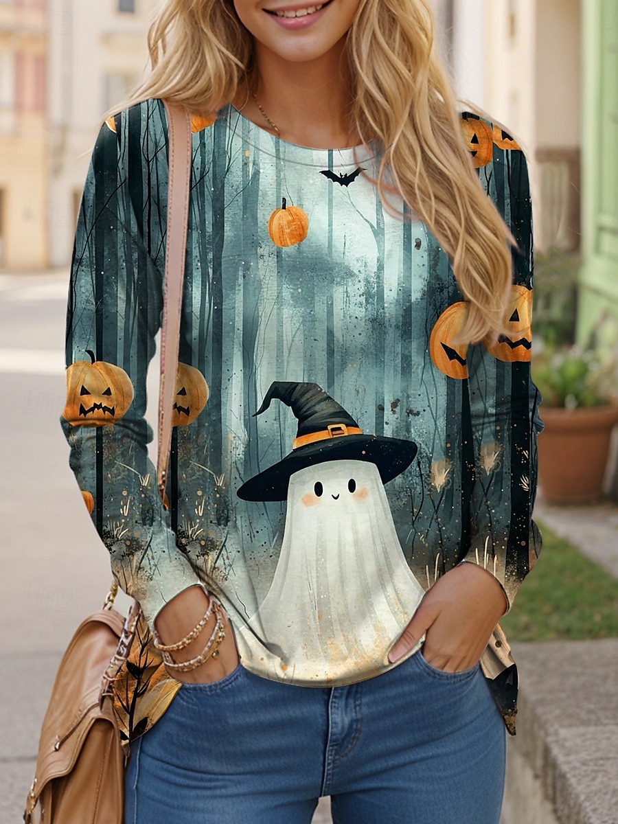 Halloween Femmes T-shirt Graphique Fantôme ancien Élégant Classique manche longue Col ras du cou Hauts Réguliers Quotidien Week-end Imprimé Bleu Violet Vert Printemps Automne de 2025 ? $22.99 –P1