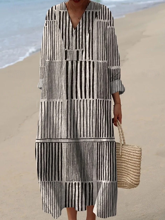 Dame Midikjole Solkjole Kjole med A-linje Ferie Fritid Bohem Ut på byen Strand Grafisk Geometrisk Stripe Langermet V-hals Aske Svart Gul Blå Sommer Vår Høst 2025 - $16.49 –P5