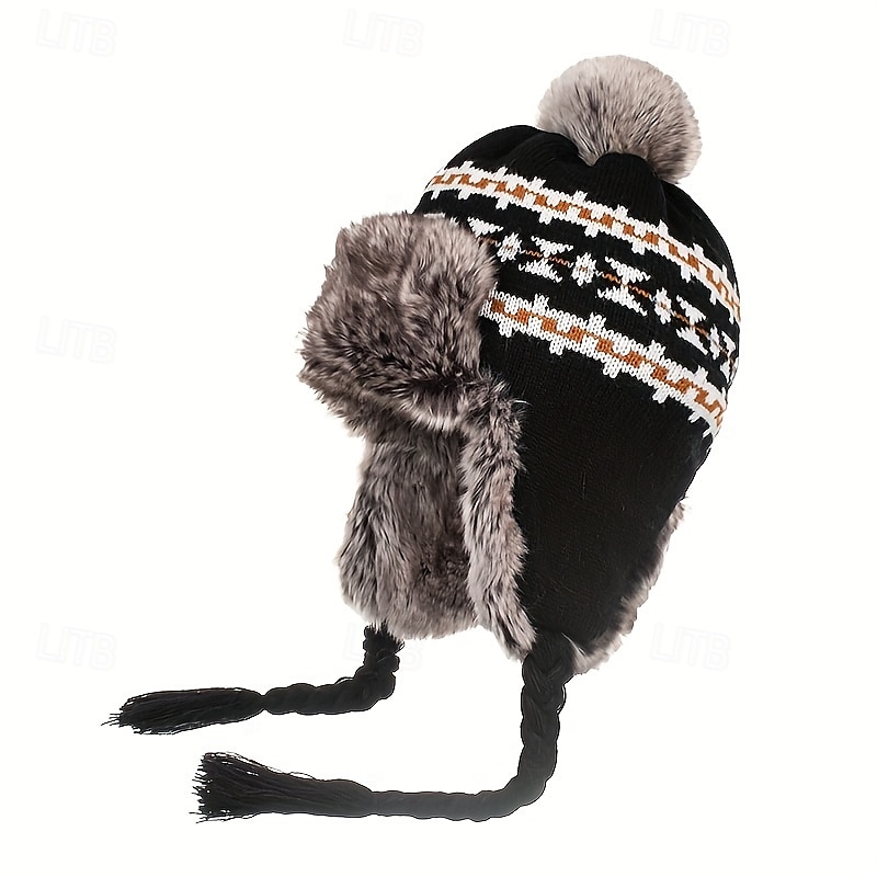 Stretch Knit Plush Winter Hat with Detachable Ear Flaps & Pom-Pom - Grid Pattern, Adjustable Drawstring for Outdoor Sports, Christmas Holiday - Black/White/Blue/Red, Winter Accessories 2025 - $29.99 –P2