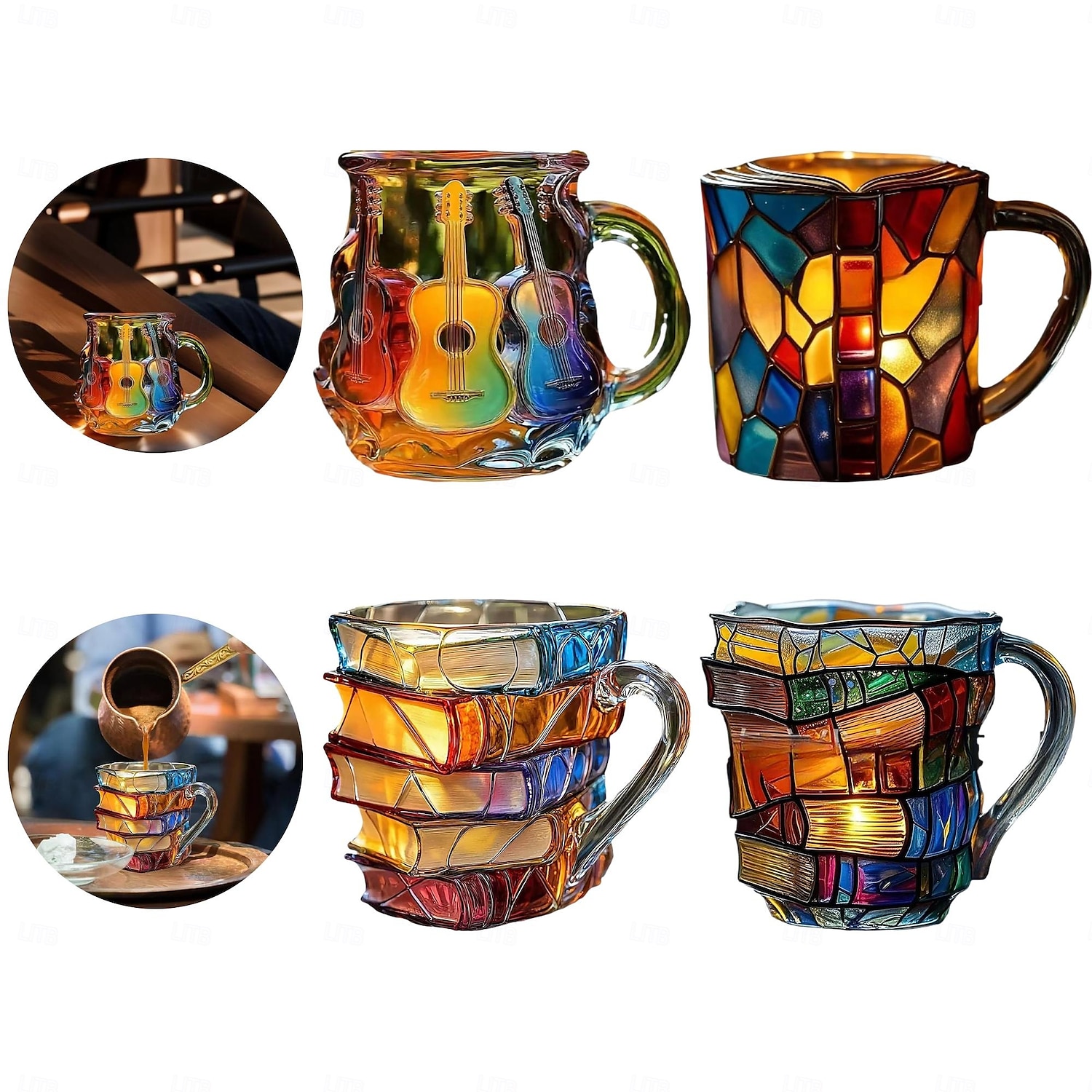 bemalte Buchtasse 300ml/10oz Gitarren-Kaffeetasse Buch-Kaffeetasse einzigartige bunte Glasbücher Stapel-Kaffeetasse Sammlung Geschenk 2025 - $23.99 –P1
