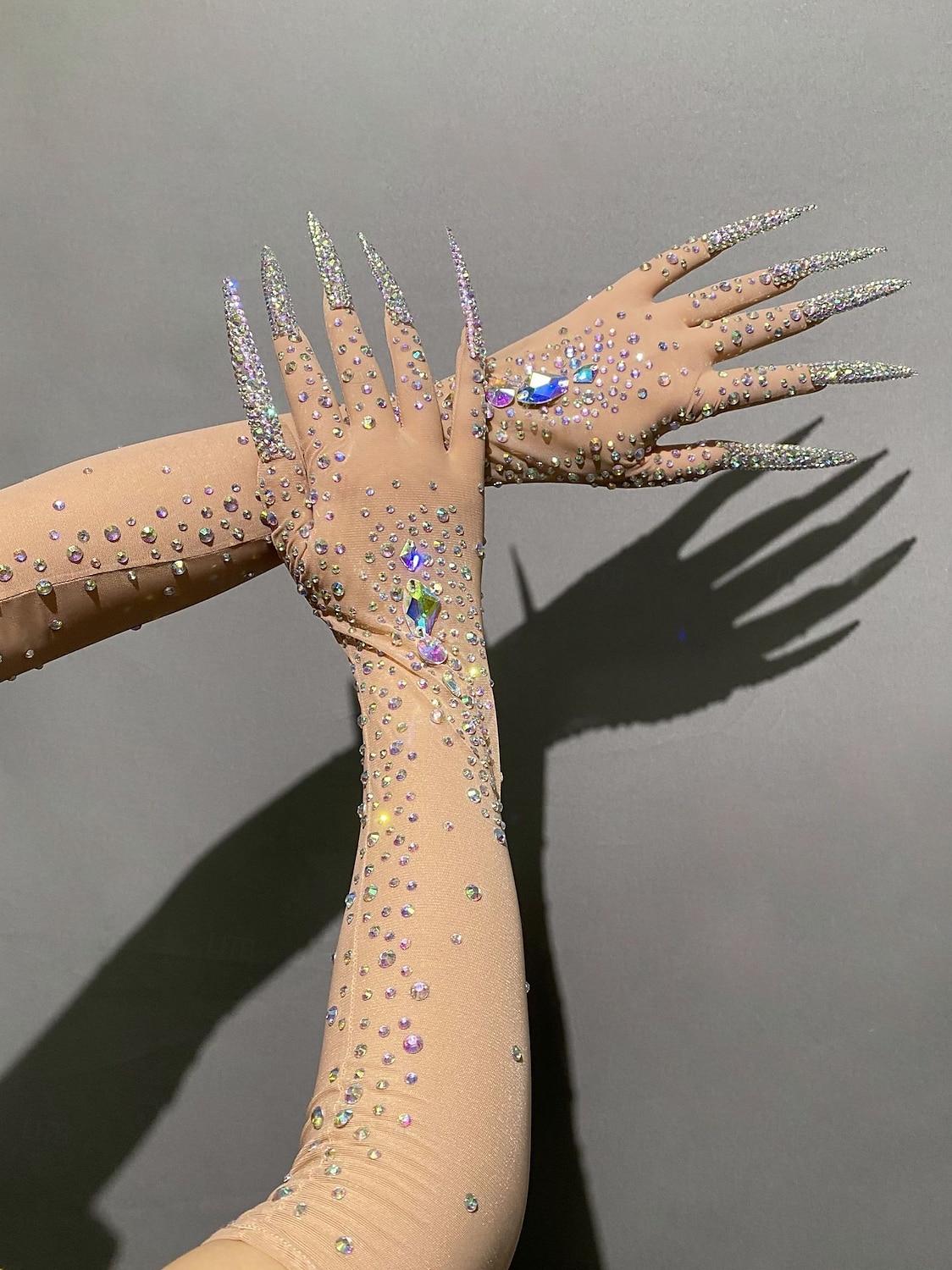 Glitzernde Handschuhe mit Strasssteinen für Damen, lang, glitzernd, Netzstoff, durchsichtig, Ellenbogenlänge, Opernhandschuhe mit Nägeln, hautfarben, Einheitsgröße 2025 - $85.99 –P2