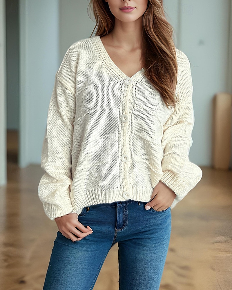 Pentru femei Pulover Bluza Modă Șic Stradă Zilnic Culoare solidă Striat În V Tricotat Manșon Lung Topuri obișnuite Tricotat Concediu Ieșire Sfârșit de săptămână Negru Alb Primăvară Toamnă 2025 - $22.99 –P9