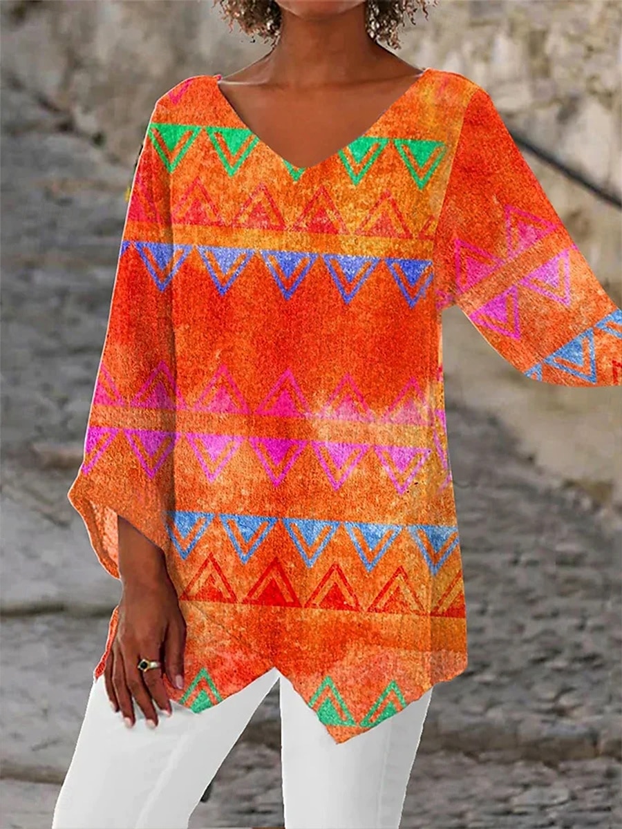 Dame Bluse Blomstret Grafisk Geometrisk Årgang Tropisk Stilfull 3/4 ermer Crew-hals V-hals Vanlige topper Daglig Ferie Ferieklær Trykt mønster Lysegrønn Oransje lysegrå Sommer Vår Høst 2025 - $24.99 –P2