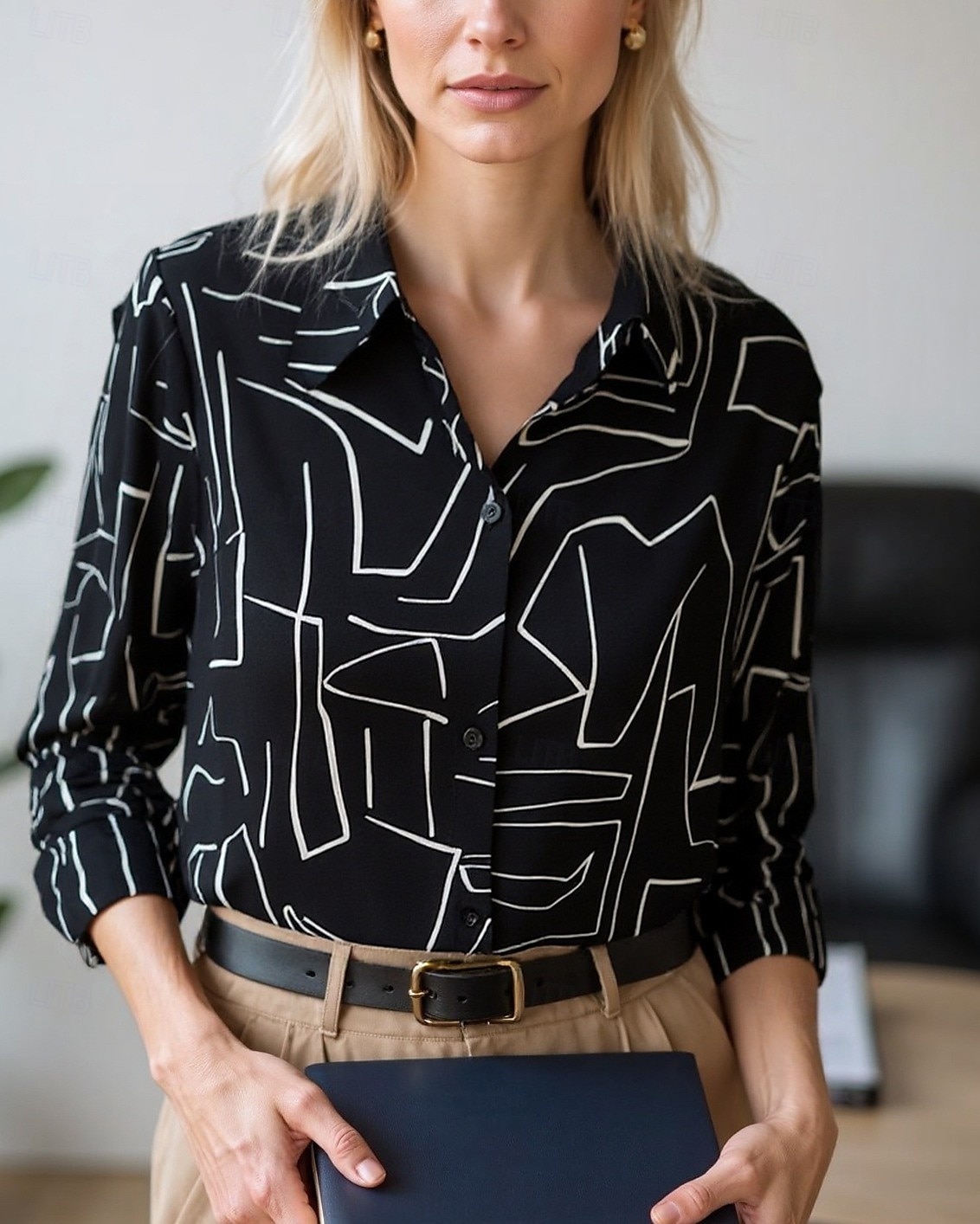 Women's Blouse Dressy Tops Chiffon Tops Color Block Abstract Elegant Daily Stylish Long Sleeve Shirt Collar Regular Tops Work Daily Buttons Print Black And White Black White Beige Spring, Fall 2025 - $26.99 –P2