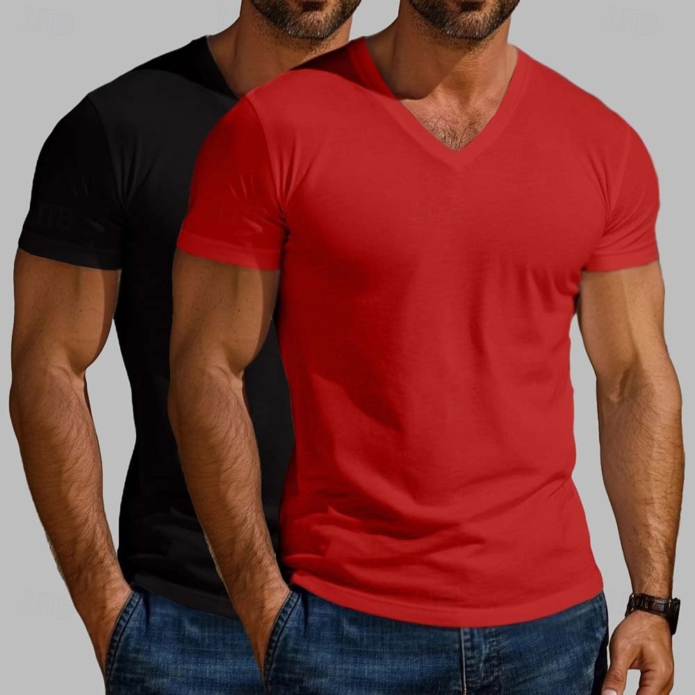 Maglietta da uomo in misto cotone, 2 pezzi, manica corta, scollo a V, estiva, per tutte le stagioni, tinta unita, semplice, stile designer, moderno, contemporaneo, scollo a V, confezione multipla, per vacanze, strada, casual, blu scuro, bianco e blu. del 2026 a $20.99 –P10