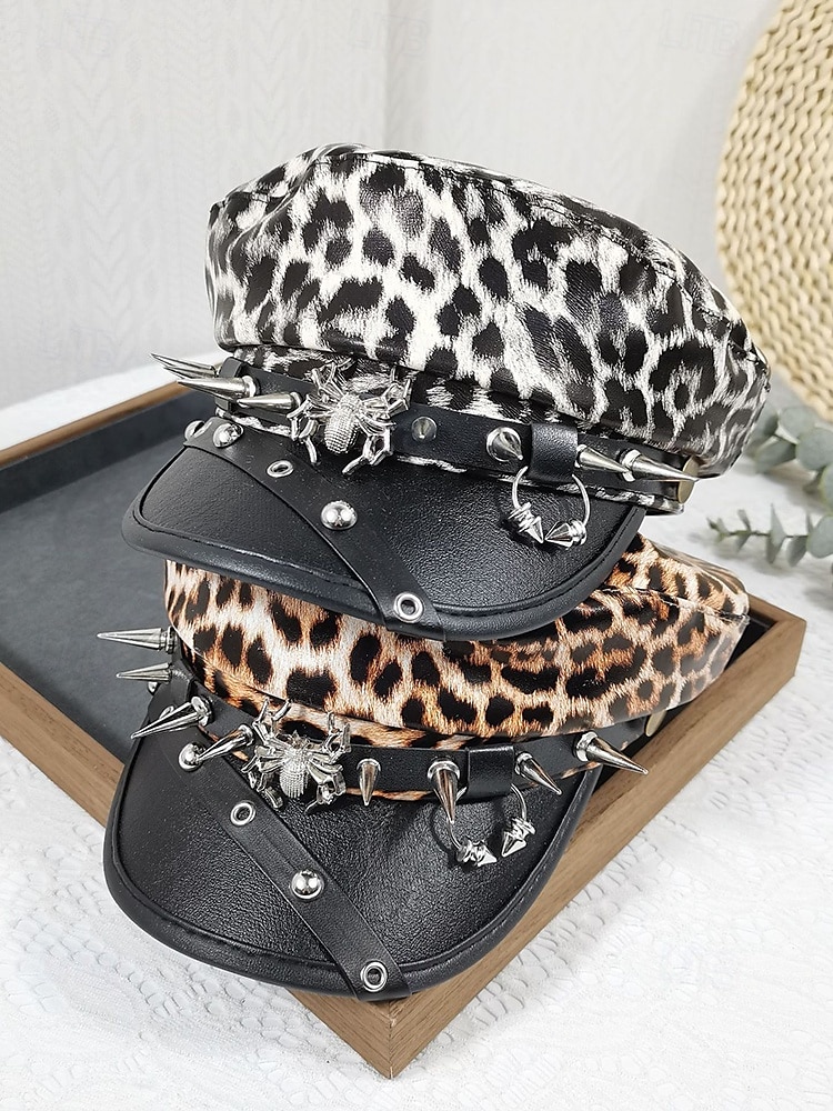 Boné militar feminino com estampa de leopardo para Halloween – chapéu gótico punk de couro sintético com pontas e tachas de aranha, acessório para festa à fantasia e cosplay para uma noite assustadora de 2026 por $14.99 –P4