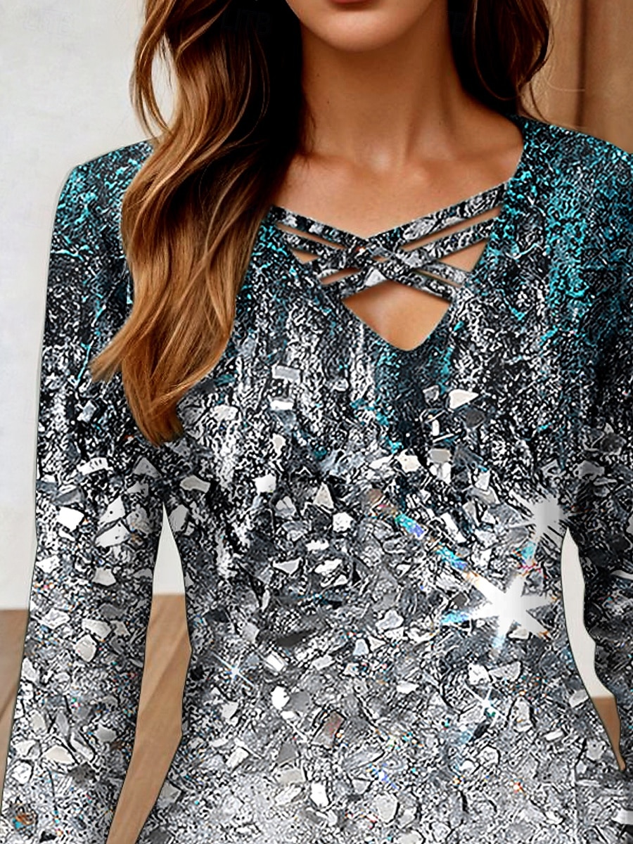 Mulheres Camiseta Âmbar Gráfico Abstrato Vintage à moda Clássico Manga Longa Decote V Tops regulares Diário Com Corte Imprimir Cinzento Escuro Primavera Outono Inverno de 2025 por $22.99 –P2