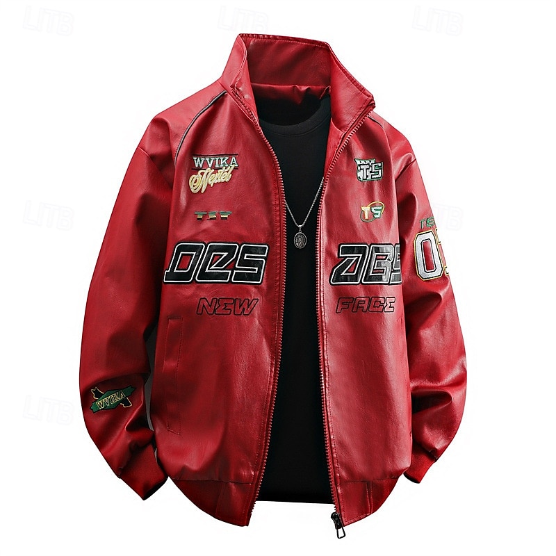 Homme Veste en Similicuir Veste moto Blouson de Moto Vacances Quotidien Coupe-vent Chaud Avec Poches Automne Hiver Lettre Mode Classique Revers Régulier Noir Blanche Rouge Veste de 2025 ? $58.99 –P12