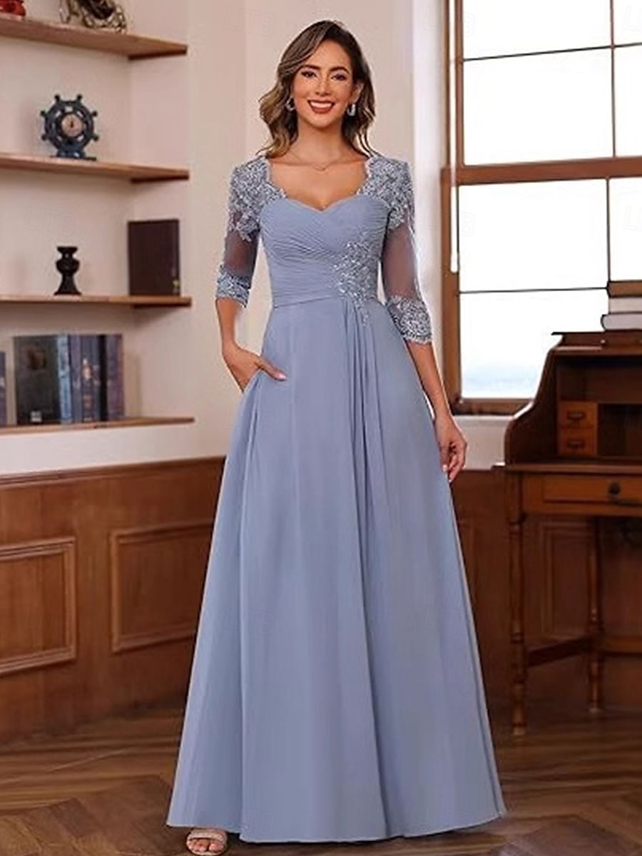A-linje Kjole til brudens mor Elegant Enkel V-hals Gulvlengde Chiffon 3/4 ermer med Ensfarget 2025 2025 - $119.99 –P1