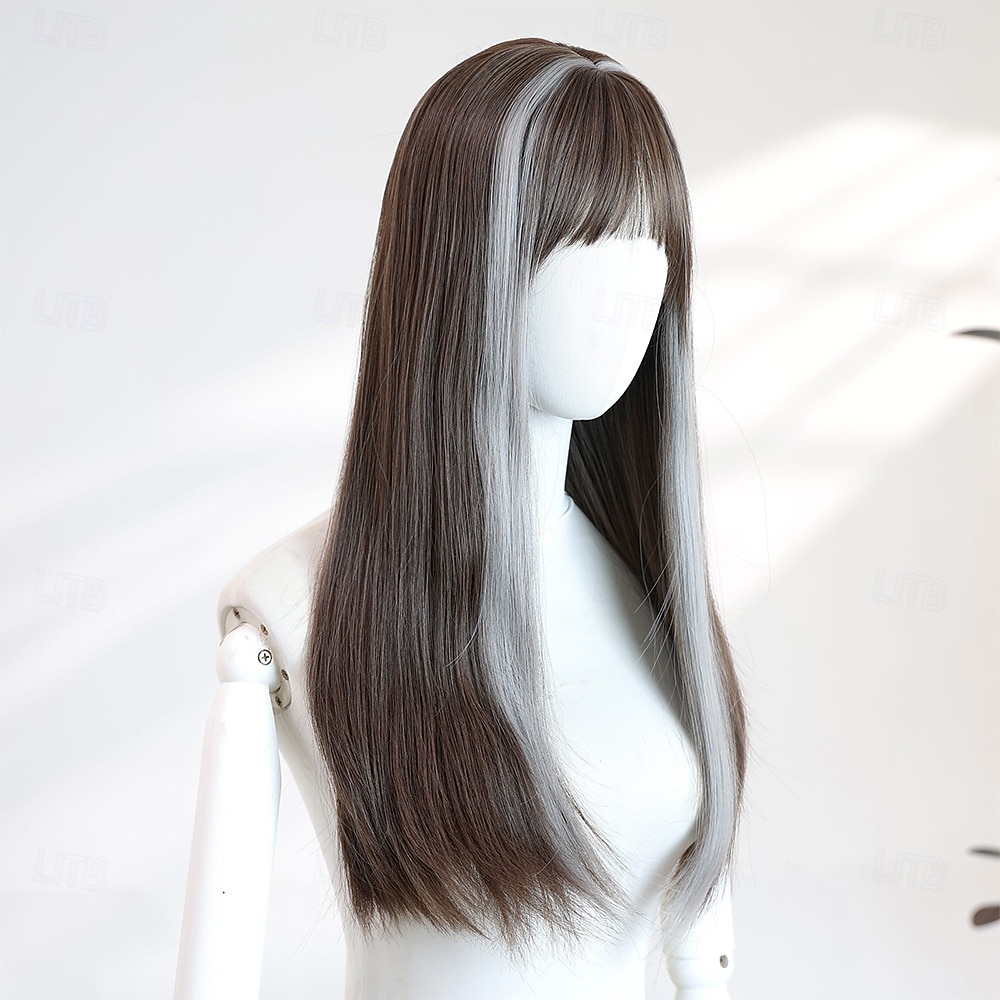 Parrucca liscia da 20 pollici per donna - mèches nere e bianche, frangia piena, fibra sintetica ad alta temperatura, ideale per Halloween, cosplay e uso quotidiano del 2025 a $32.99 –P4