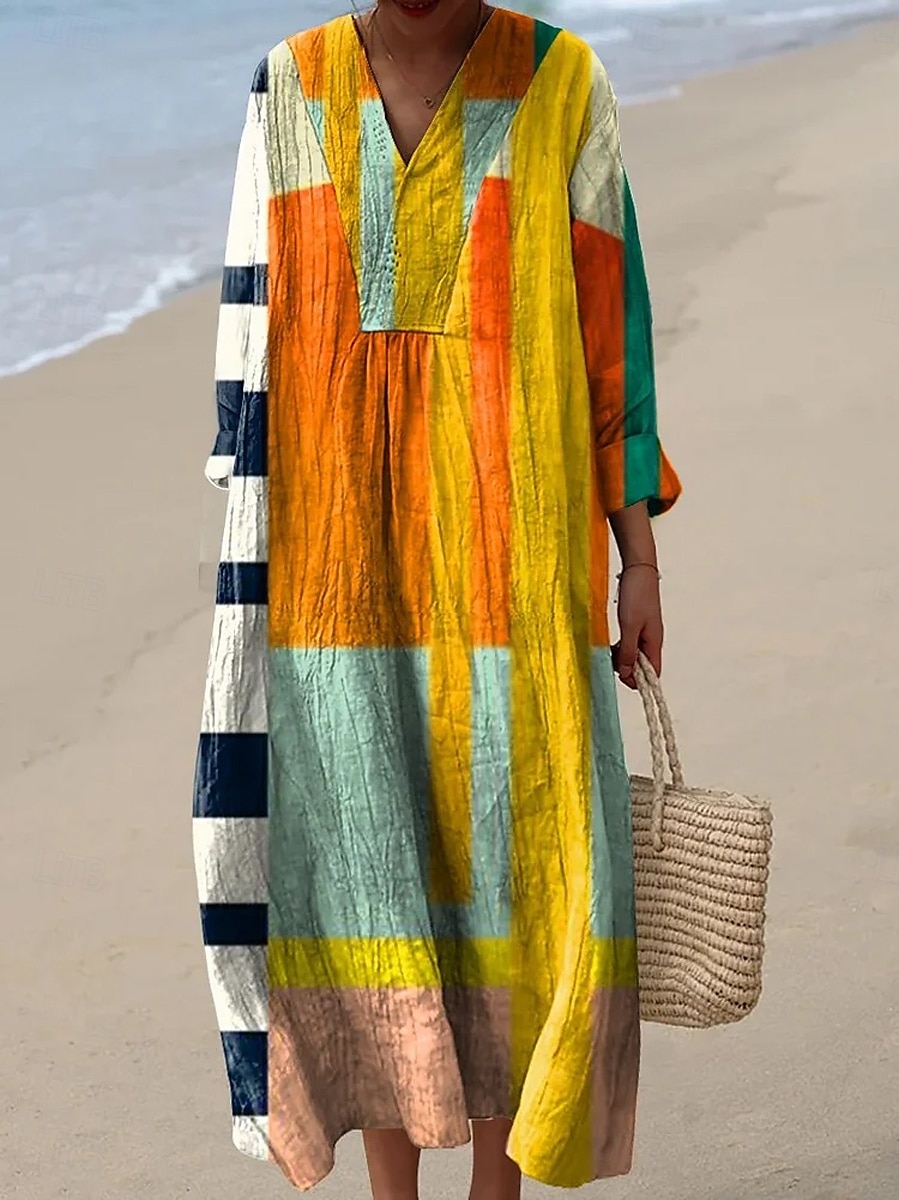 Per donna Abito maxi Vestito Estivo Abito a trapezio Vacanza Casual Boho Feste Uscire Spiaggia Grafico Geometrico Manica Lunga Scollo a V Bianco Blu Arancione Estate Primavera Autunno del 2025 a $35.99 –P2