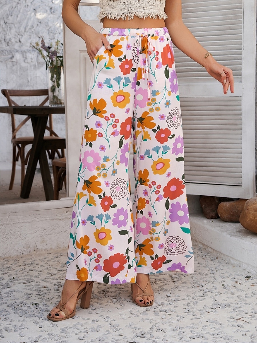 Femmes Jambe large Chinos Vacances ancien Mode Longueur complète Taille haute Fleuri Ceinture Élastique Impression Confortable Doux Micro-Élastique Extérieur Vacances Rue Blanche Jaune Rose Claire de 2025 ? $29.99 –P3