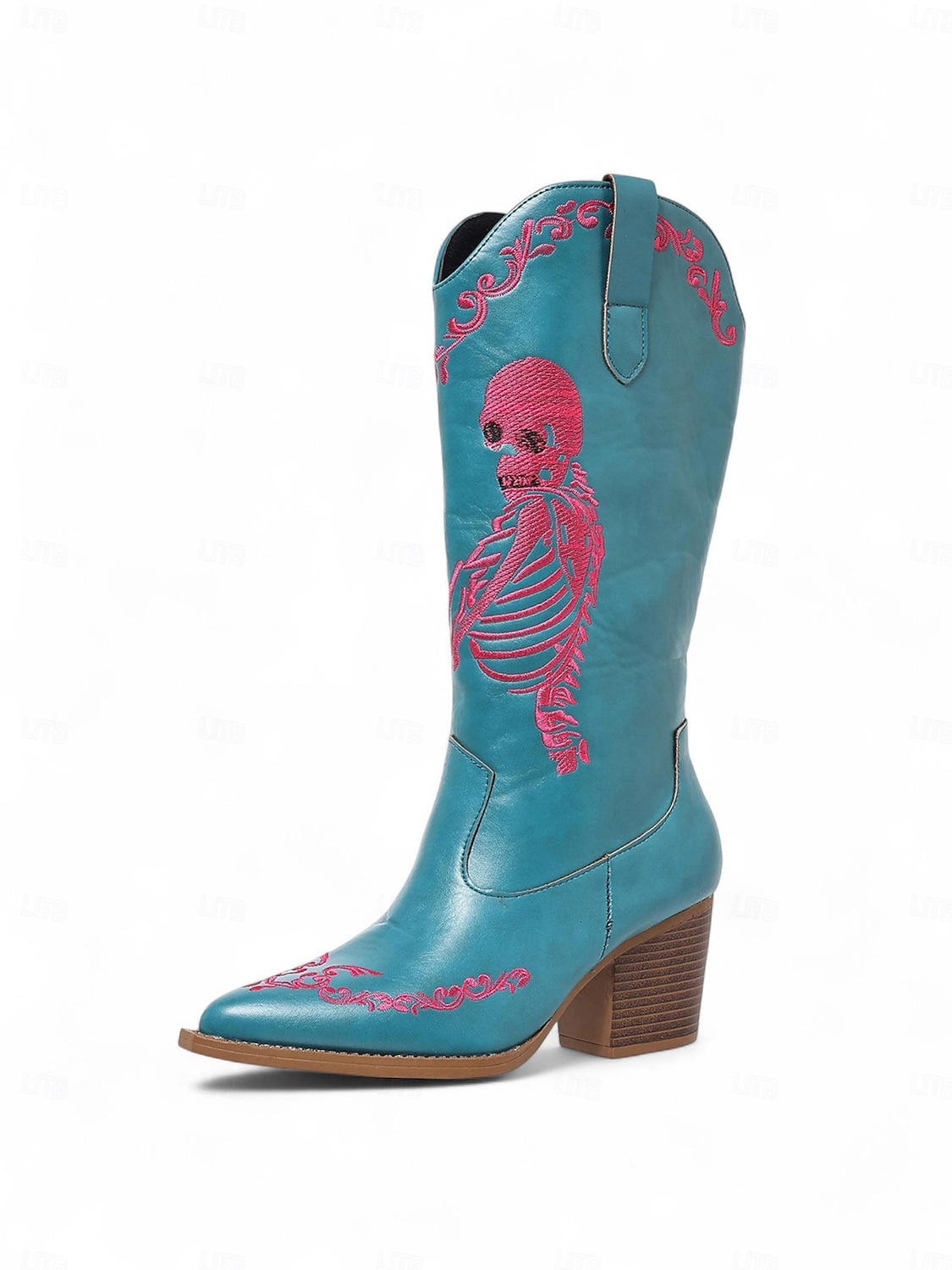Botas vaqueras azules occidentales para mujer con bordado de esqueleto rosa: botas de media pantorrilla con tacón grueso para disfraz gótico de Halloween, ideal para cosplay, conciertos y festivales 2025 - $54.99 –P6