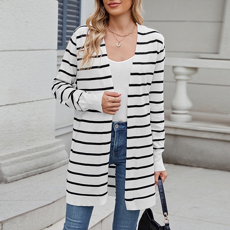 Femmes Pull Cardigan Mode Streetwear Quotidien Rayé Côtelé Ouvert devant Tricoté manche longue Hauts Longs Tricoter Fête Sortir Week-end Blanc / Noir Noir Automne Hiver de 2025 ? $28.99 –P9