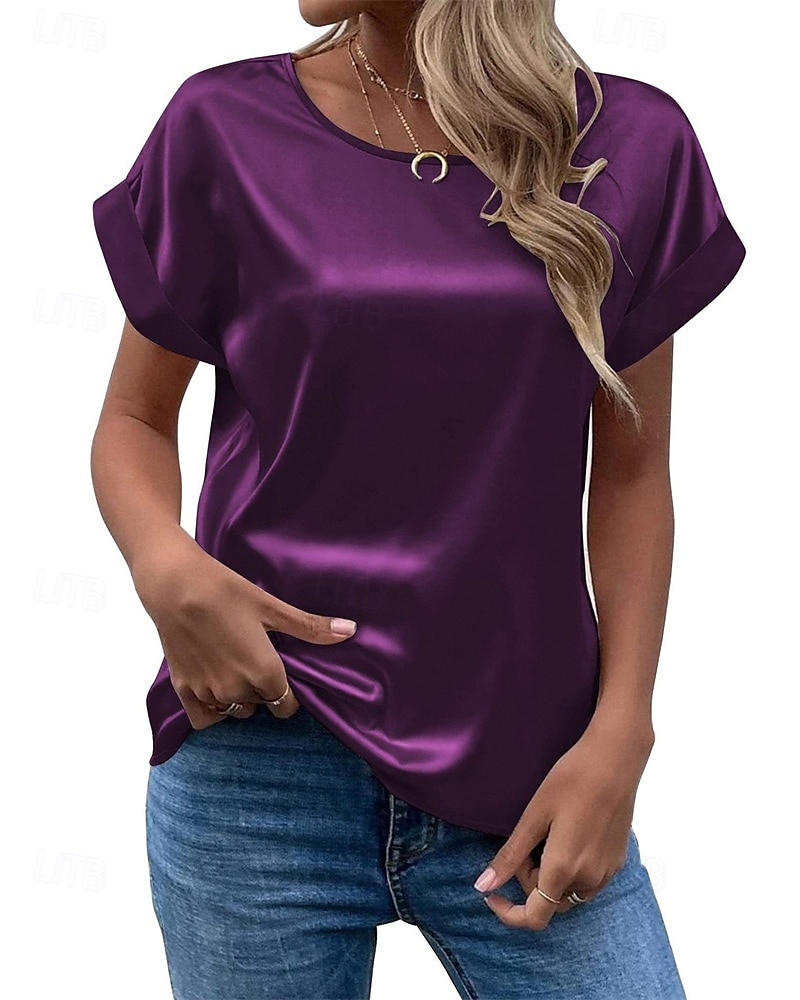 Femmes T-shirt Uni Mode Moderne Manche Courte Col ras du cou Hauts Réguliers Quotidien Sortir Week-end Vert Claire Vert foncé Violet Gris Clair Été de 2025 ? $19.49 –P4