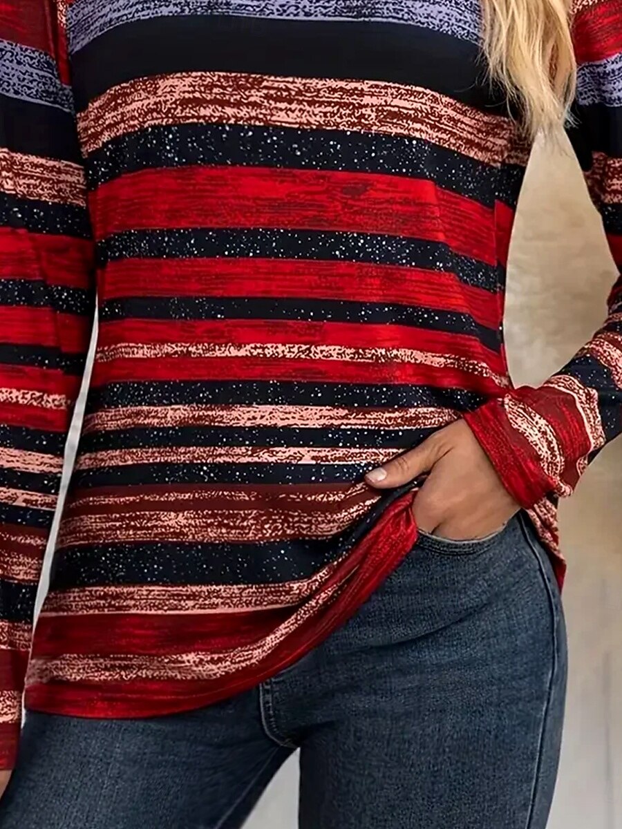 Γυναικείο T-shirt Στρογγυλή Λαιμόκοψη Μακρύ Μανίκι Τουνίκ Γραφικό Γεωμετρικό Ριγέ Vintage Στυλάτο Στρογγυλή Λαιμόκοψη Κανονικά Τοπ Ημερήσια Εκτύπωση Κρασί Πορτοκαλί Φθινόπωρο 2026 - $24.99 –P3