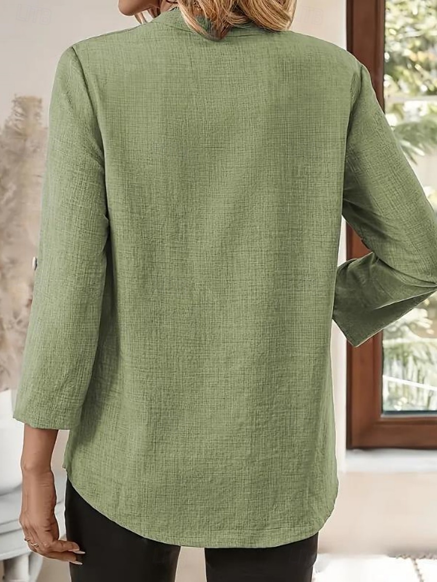 Femmes Chemises en coton et lin Couleur Unie Élégant Occasionnel manche longue Col en V Hauts Réguliers Quotidien Boutons Bleu Violet Vert Kaki Beige Été Printemps de 2025 ? $16.99 –P2