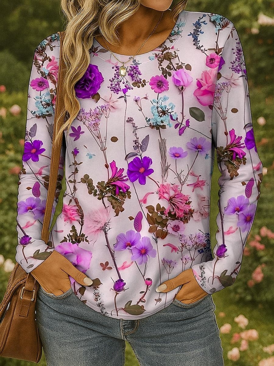 Pentru femei Tricou Floral Grafic Plante Epocă Stilat Clasic Manșon Lung Stil Nautic Rotund Topuri obișnuite Zilnic Imprimeu Galben Roșu-aprins Albastru piscină Mov Trifoi Vară Primăvară Toamnă 2025 - $22.99 –P5