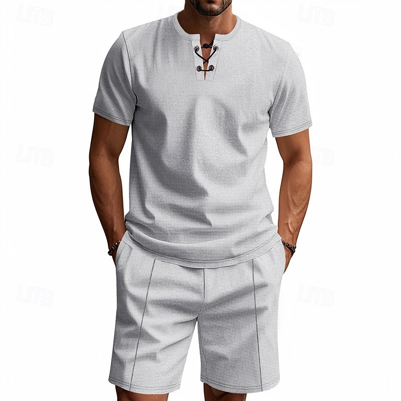 Per uomo Camicia a nido d'ape Completi T-shirt Outfit 2 pezzi Maglietta e pantaloncini Manica Corta Scollo a V Estate Semplice Moda Casual Allacciato 2 Pezzi Vacanza Abbigliamento quotidiano Uscire del 2025 a $28.99 –P20