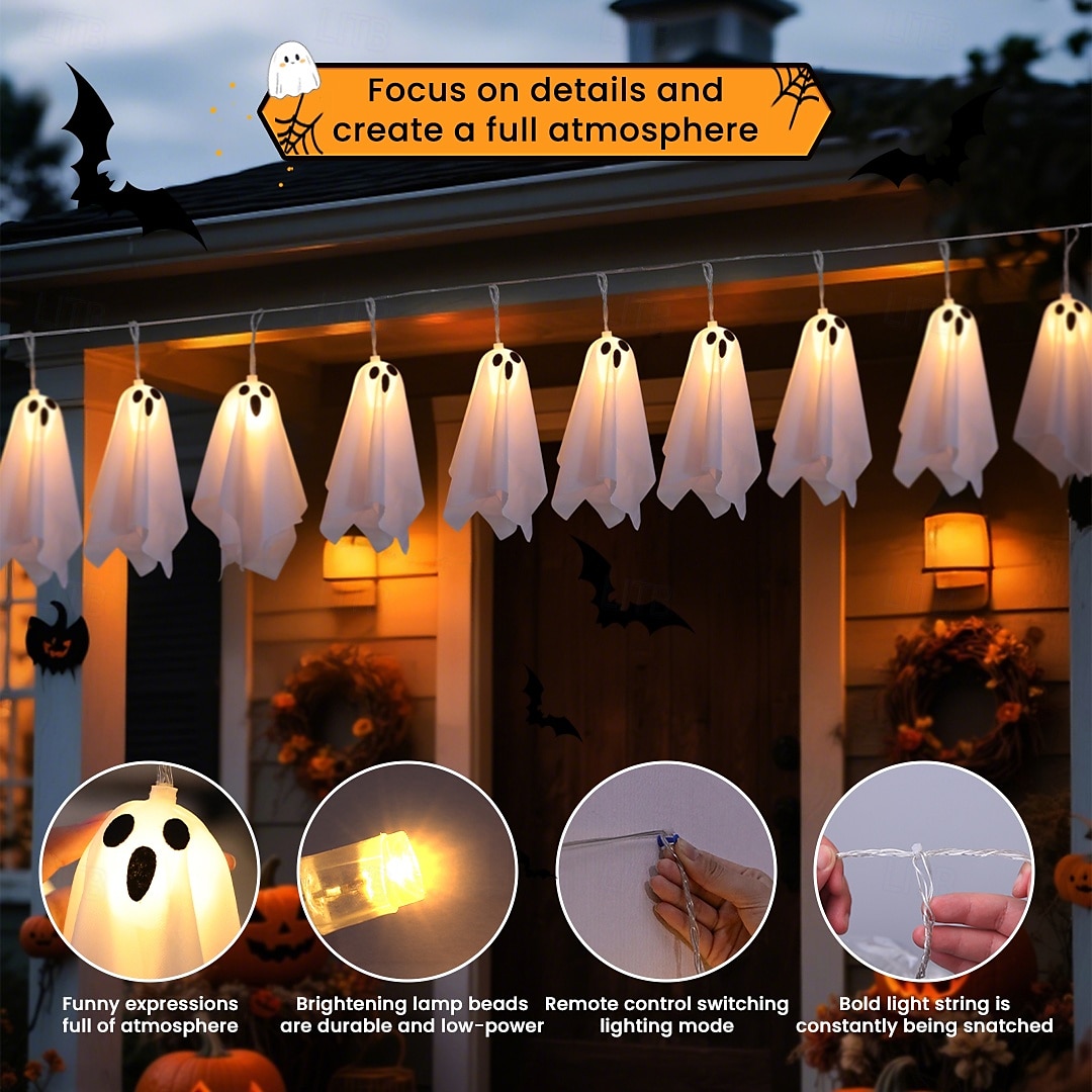1 Pc Halloween 2.5M 10 luminous hanging ghost ghost light string AAA waterproof battery box 8 function remote control indoor and outdoor courtyard party Halloween atmosphere decoration light 2025 - $20.99 –P7