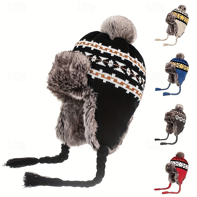 Stretch Knit Plush Winter Hat with Detachable Ear Flaps & Pom-Pom - Grid Pattern, Adjustable Drawstring for Outdoor Sports, Christmas Holiday - Black/White/Blue/Red, Winter Accessories 2025 - $29.99 –P1